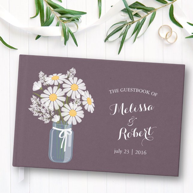 Livro De Visitas Elegante Rustic Mason Jar Daisies Casando Roxo (Criador carregado)