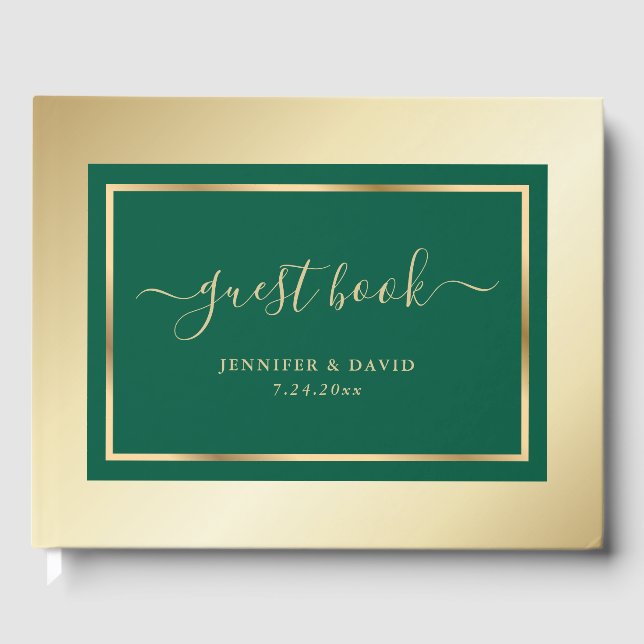 Livro De Visitas Elegante Script Emerald Green e Dourado Casamento (Frente)