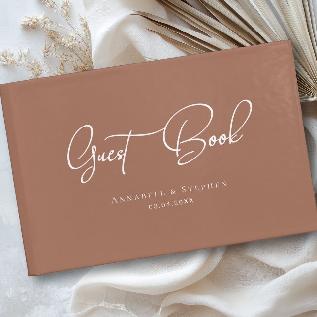 Livro De Visitas Elegante, Script Font, Brown, Casamento (Elegant, Script Font, Brown, Wedding Guest Book)