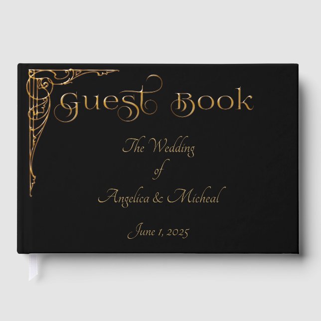 Livro De Visitas Elegante, Sofisticado Dramático Preto e Dourado (Frente)