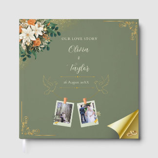 Livro De Visitas Elegante Verde Floral Dourado Salvia