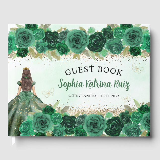 Livro De Visitas Emerald Green Dourada Princesa Floral Quinceañera (Frente)
