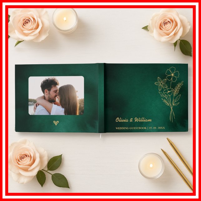 Livro De Visitas Emerald Green & Gold Wildflowers Wedding (Criador carregado)