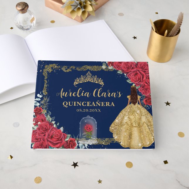 Livro De Visitas Enchanted Rose Red Roses Princess Gold Quinceanera (Frente aberta)