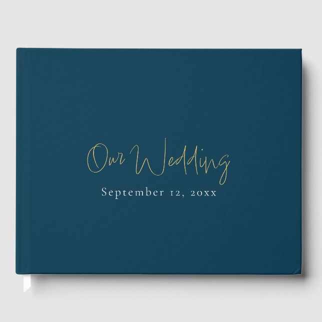 Livro De Visitas Escrita azul e dourada moderna, casamento minimali (Frente)