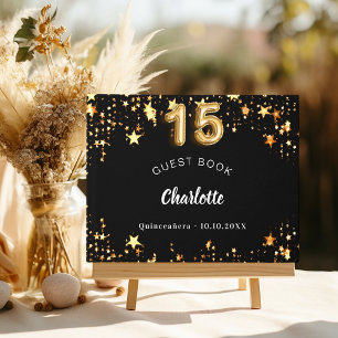 Livro De Visitas Estrelas de ouro pretas da Quinceanera