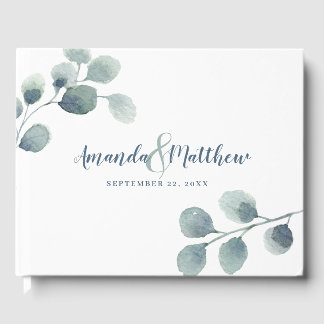 Livro De Visitas Eucalyptus Greenery Watercolor Foliage Dusty Blue