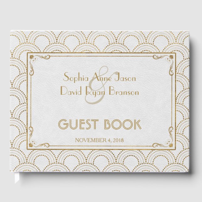 Livro De Visitas Excelente Branco Gatsby Art Deco Casamento Dourado (Frente)