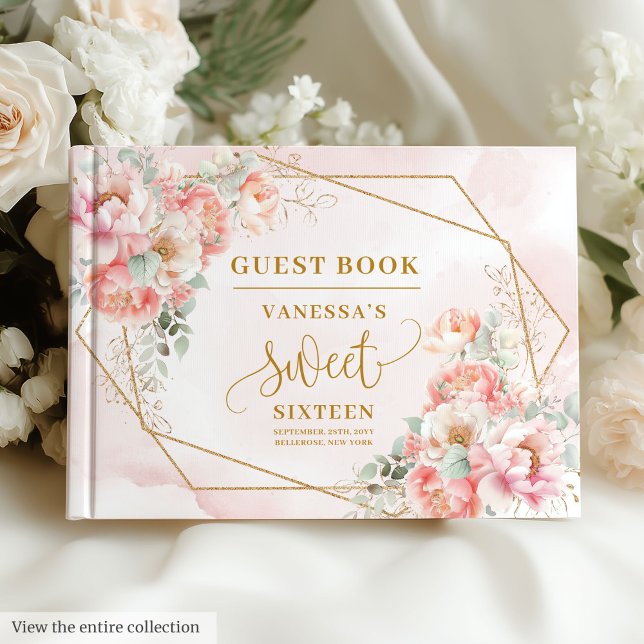Livro De Visitas Faísca Boho Rosa Pálido Dourado Peonies Doce Dezes (Sparkle Pale Pink Gold Peonies Sweet Sixteen Guest Book)