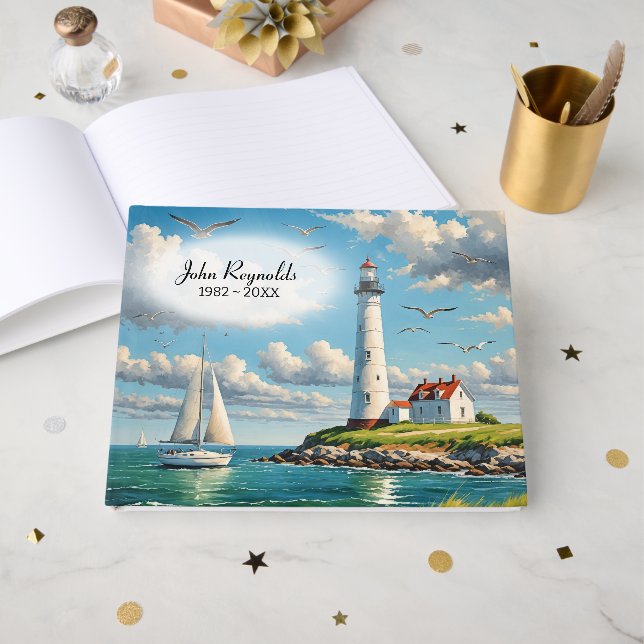 Livro De Visitas Farol Branco Com Barco à Vela (Frente aberta)
