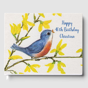 Livro De Visitas Feliz Aniversário Cantando Pássaro Vermelho Azul