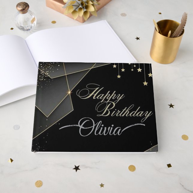 Livro De Visitas Feliz aniversário - Elegante negro e Dourado anive (Frente aberta)