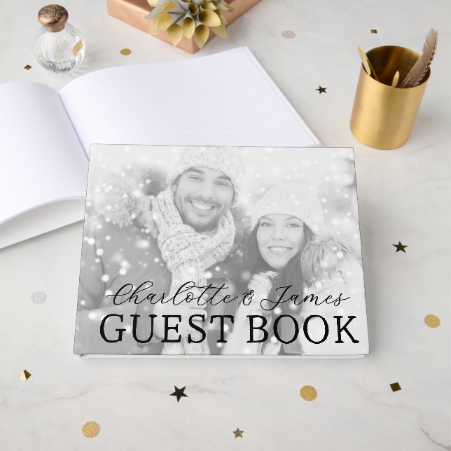 Livro De Visitas Feliz Casamento Fotográfico Branco E Preto Do Casa (Frente aberta)