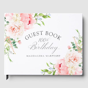 Livro De Visitas Festa de 100º Aniversário Rosa Floral Personalizad