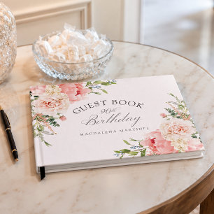 Livro De Visitas Festa de 90 Anos Personalizada Floral Rosa