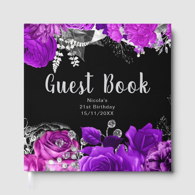 Livro De Visitas Festa de Aniversário de Flores Roxas e Prateadas E (Frente)