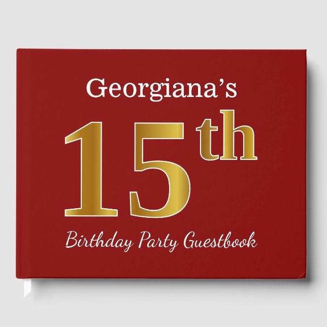 Livro De Visitas Festa de aniversário Dourada vermelha, falsa + nom (Frente)