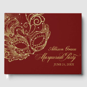 Livro De Visitas Festa de Máscaras Quinceanera Dourado Borgonha