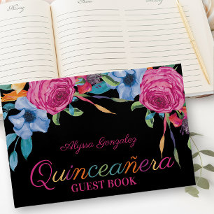 Livro De Visitas Fiesta Flowers Quinceanera Floral Preta e Rosa