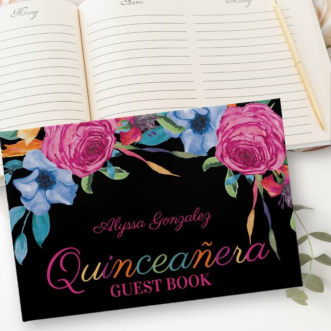 Livro De Visitas Fiesta Flowers Quinceanera Floral Preta e Rosa (Guest Book from my Fiesta Flowers Quinceanera Collection)
