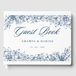 Livro De Visitas Flor Branco Azul Elegante