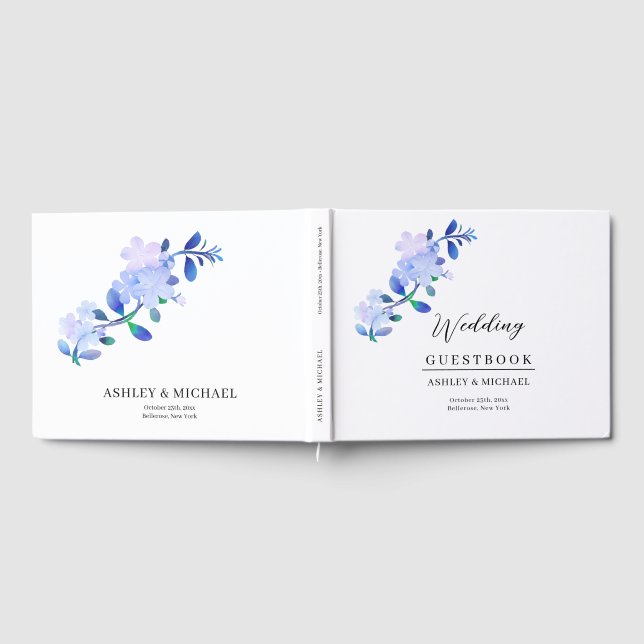 Livro De Visitas flor de folhas em estilo aquarela azul empoeirado  (Completo)