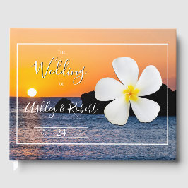Livro De Visitas Flor de Plumeria Branca com Sunset Ouro, Casamento