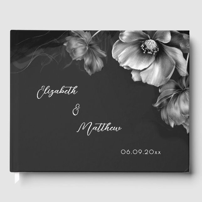 Livro De Visitas Flor de Prata Preta | Casamento (Frente)