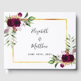 Livro De Visitas Florais borgonhais verdes sage casamento verde