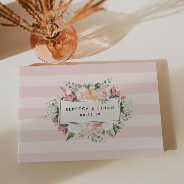 Livro De Visitas Floral Antiquado | Casamento com Stripe de Blush (Criador carregado)