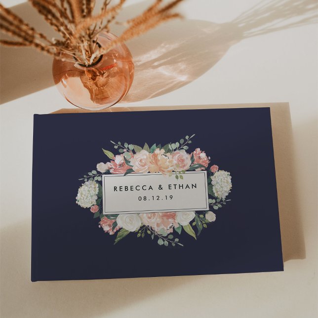 Livro De Visitas Floral Antiquado | Casamento de Blush e Marinho (Criador carregado)