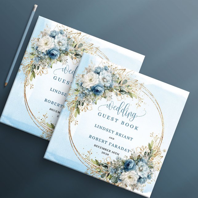Livro de visitas floral azul claro com brilho dour (Light Blue Floral Gold Glitter Boho wedding guest book

)