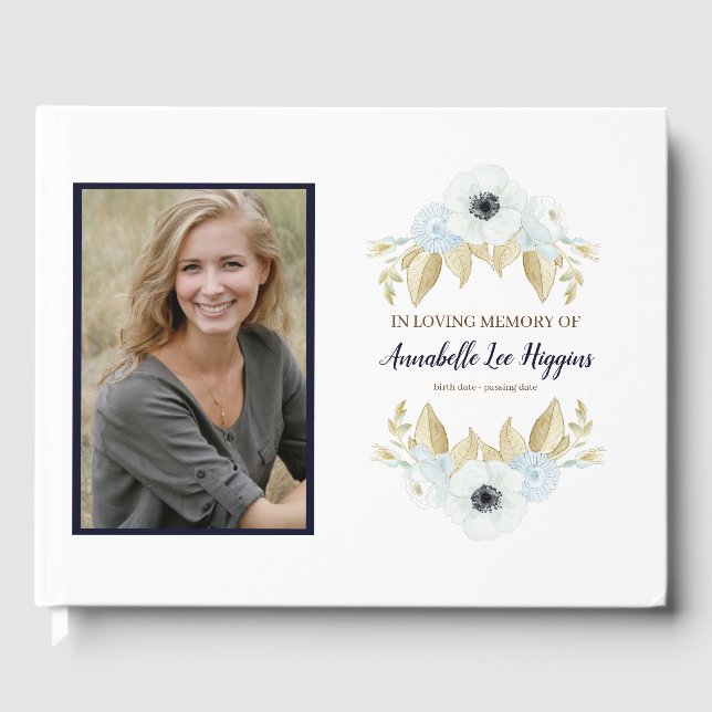 Livro De Visitas Floral Azul Elegante No Funeral Da Memória Amante (Frente)