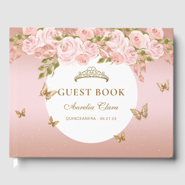 Livro De Visitas Floral Blush Rosa Dourado Tiara Borboleta Guest Bo (Frente)
