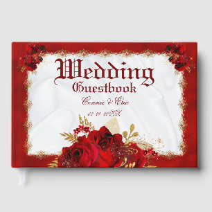 Livro De Visitas Floral Branco Dourado Vermelho Elegante de Casamen