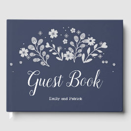 Livro De Visitas Floral Branco em Azul