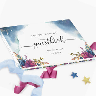 Livro De Visitas Floral Celestial, Starry Blue Teal e Purple