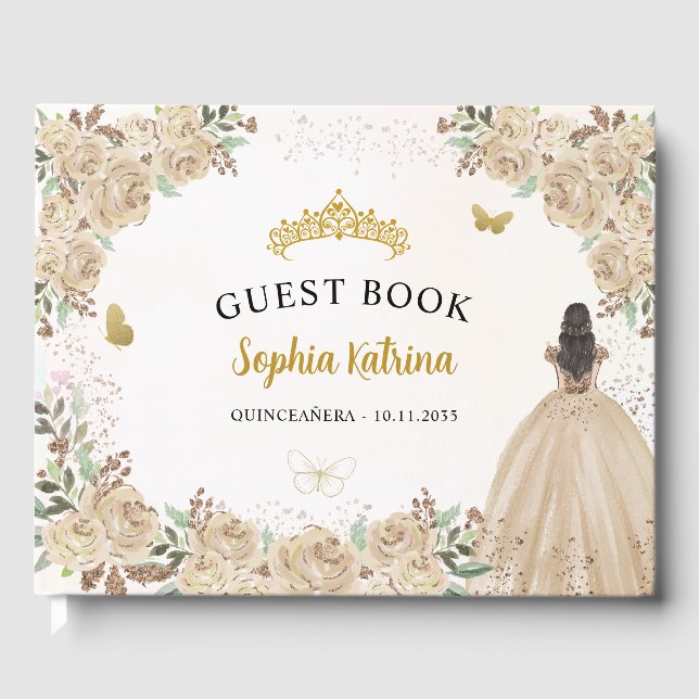 Livro De Visitas Floral Dourada Glitter Princesa Quinceanera Guestb (Frente)