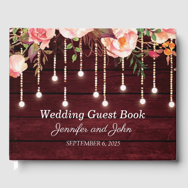 Livro De Visitas Floral Maroon Wooden Rustic Wedding (Frente)