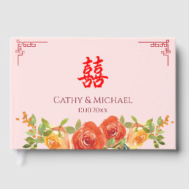 Livro De Visitas Flores amarelas laranja casamento chinês duplo xi