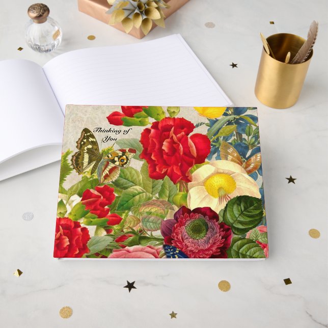 Livro De Visitas Flores Antigas com Borboletas Pensando em Você (Frente aberta)