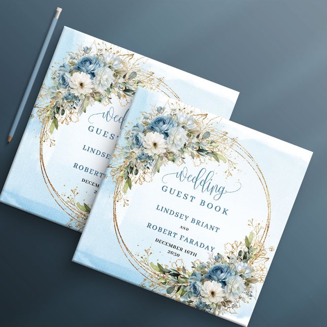 Livro de Visitas Flores Azuis Boêmios Eucalipto Do (Bohemian Blue Flowers Eucalyptus Gold Guest Book)