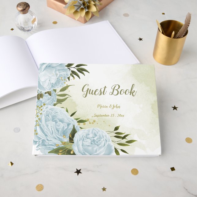 Livro De Visitas Flores azuis bonito folhas verdes botânicas (Frente aberta)