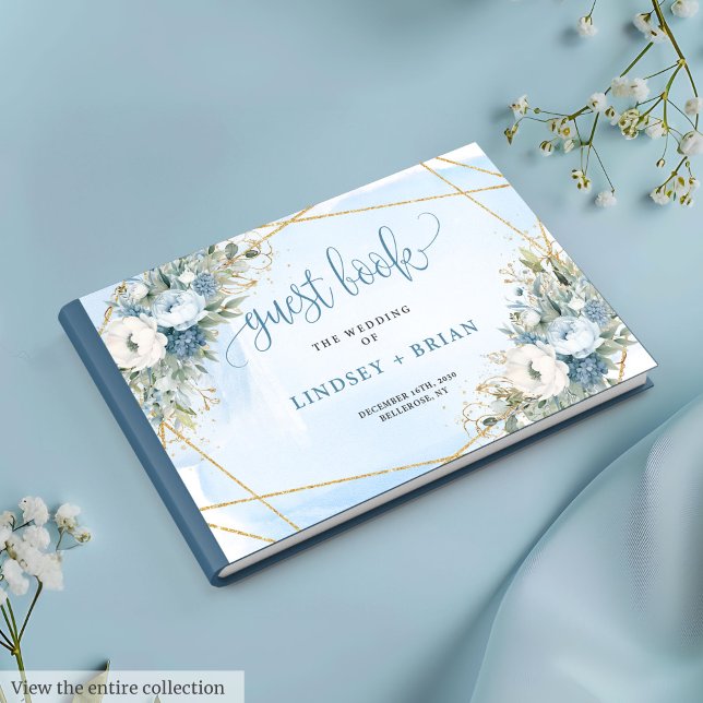 Livro De Visitas Flores Azuis Simples Flores Douradas De Casamento (Simple Dusty Blue Flowers Gold Wedding Guest Book

)