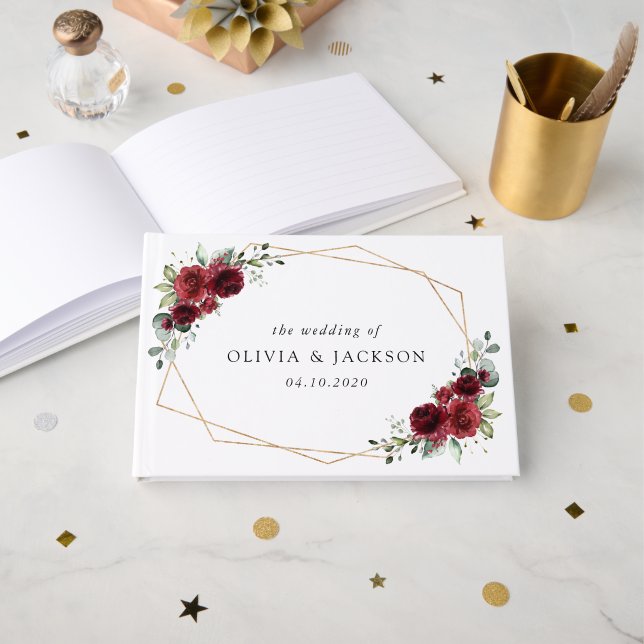 Livro De Visitas Flores Borgonhetas, Flores Vermelhas, Casamento Fl (Frente aberta)