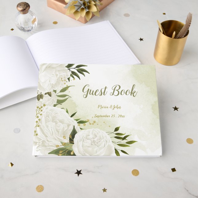 Livro De Visitas Flores brancas bonito folhas verdes botânicas (Frente aberta)