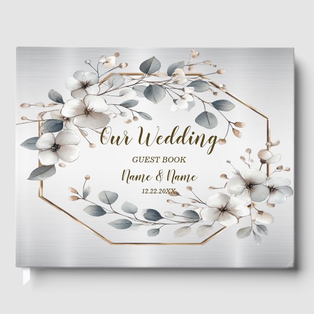 Livro De Visitas Flores brancas de aquarela Ouro Frame Silver Teal (Frente)
