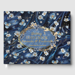 Livro De Visitas Flores brancas e Douradas de abstrato na Seda Azul
