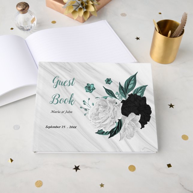 Livro De Visitas Flores brancas e lacas cinzas mármore botânico (Frente aberta)
