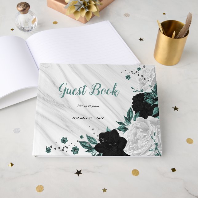 Livro De Visitas Flores brancas e lacas cinzas mármore botânico (Frente aberta)